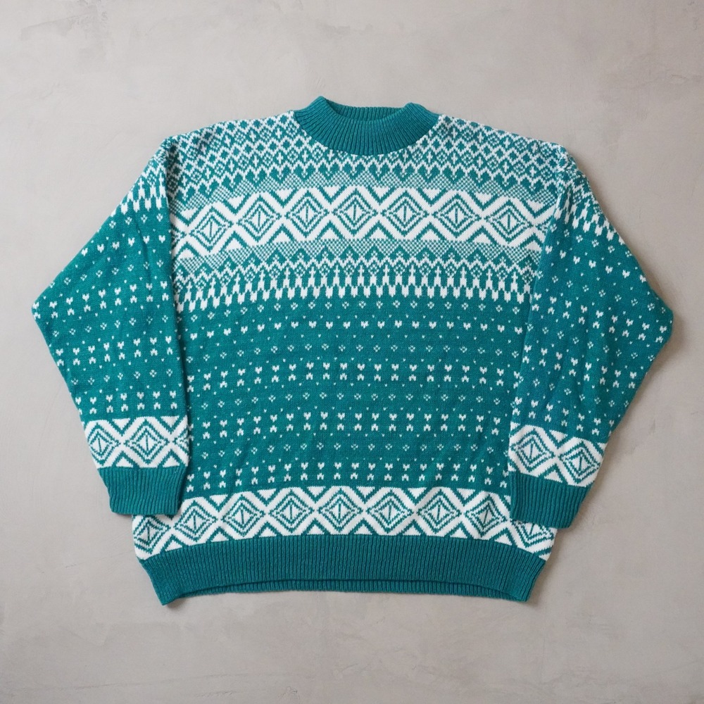 Vintage American Pride Sweater 2XL Mens Teal White Fair Isle Geometric USA Made